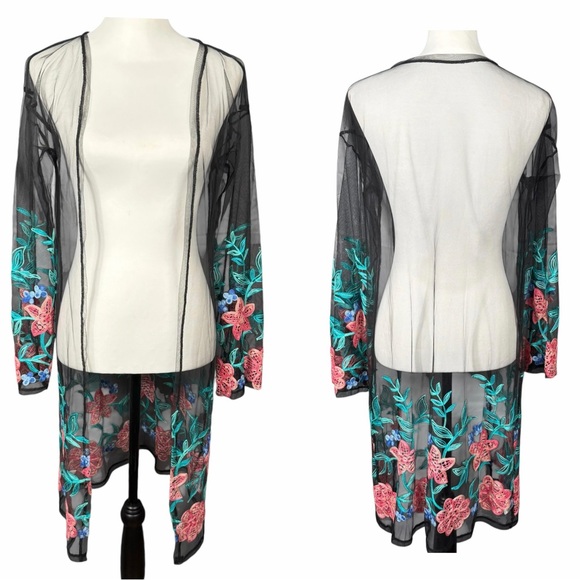 Janice Apparel Tops - Janice Apparel Duster O/S Black Sheer Embroidered Boho Kimono Cover Up